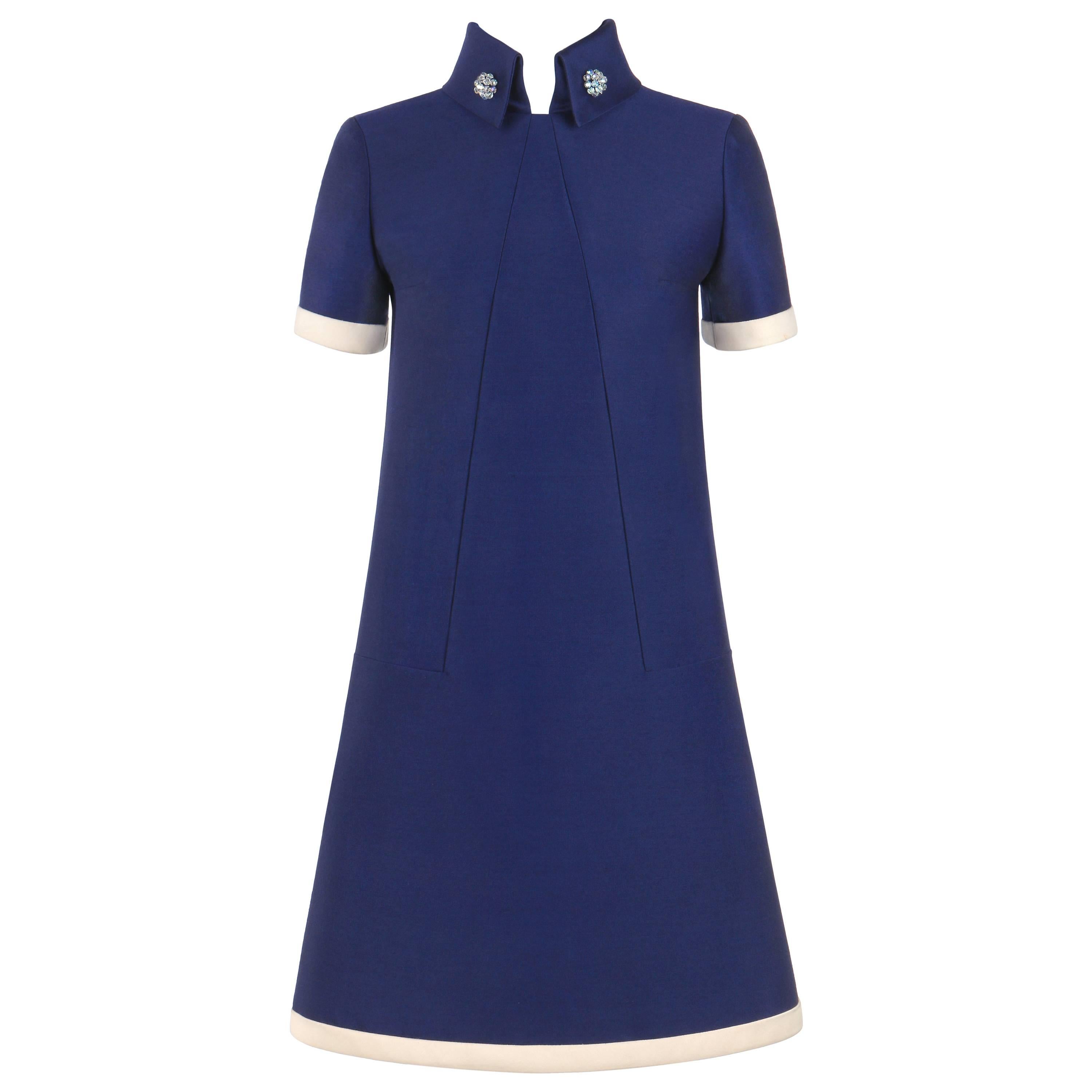 JEAN PATOU c.1960's KARL LAGERFELD Blue Wool A-Line Shift Dress Crystal Detail