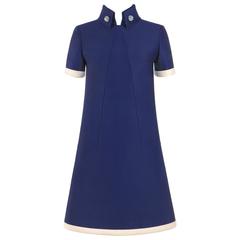 JEAN PATOU c.1960's KARL LAGERFELD Blue Wool A-Line Shift Dress Crystal Detail 10
