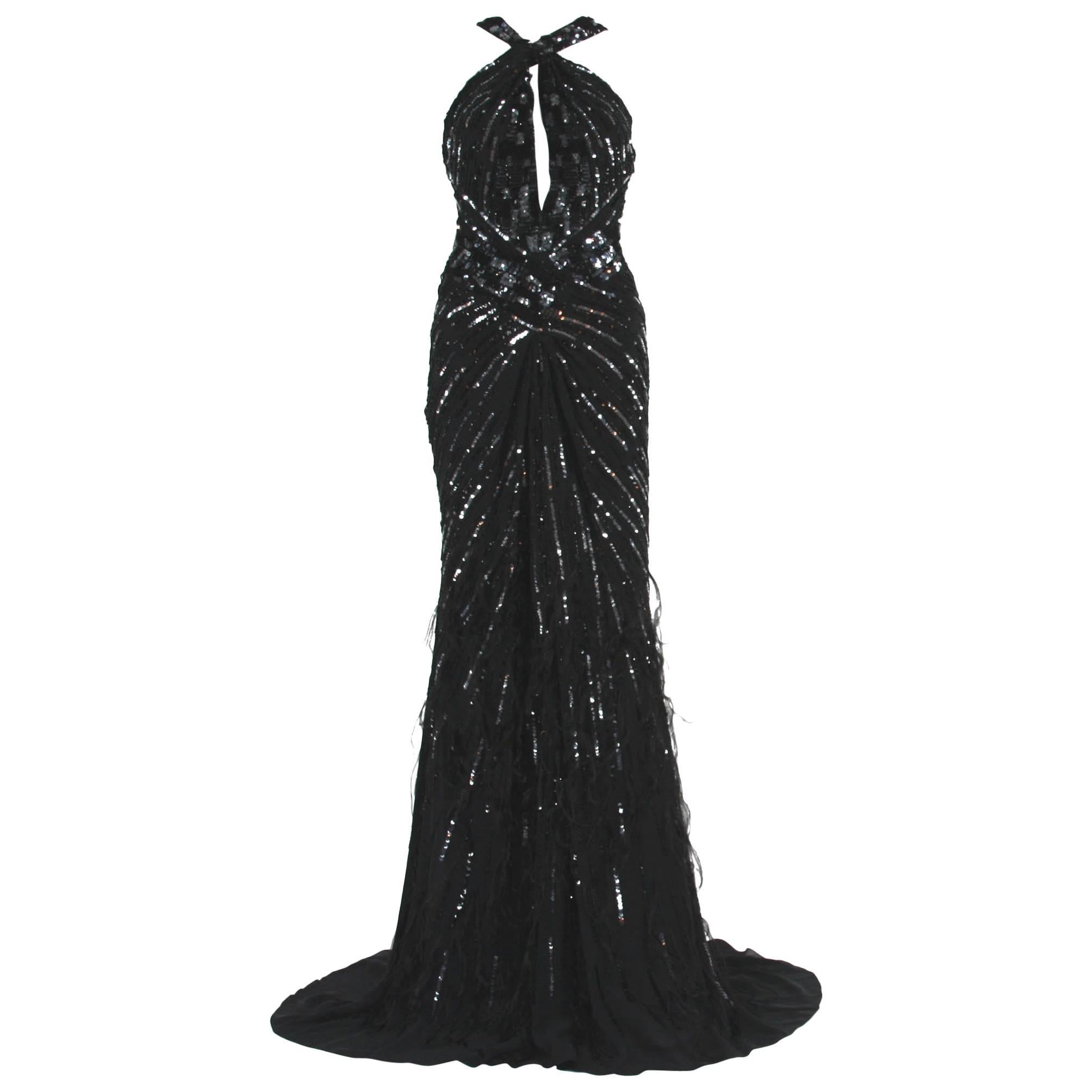 NWT Roberto Cavalli Feather Beads Embellished Silk-Chiffon Open Back Gown 40 For Sale