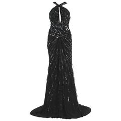 New Roberto Cavalli Feather Beads Embellished Silk-Chiffon Open Back Gown 40 11