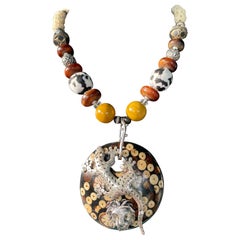 LB offers Vintage Sterling brooches African beads Agates Wood Bone Necklace