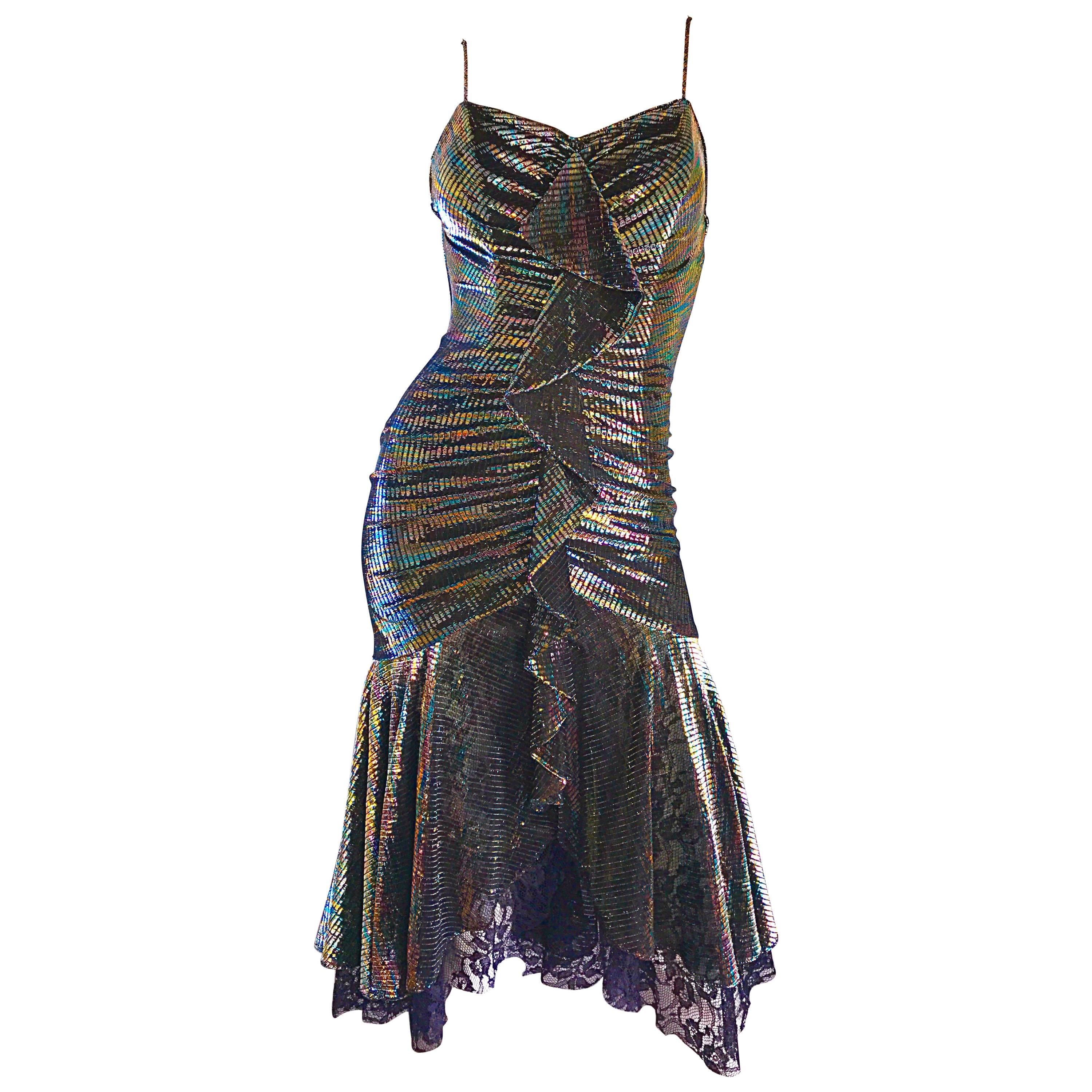 1970s Samir Rainbow Metallic Asymmetrical Lace Hem Vintage 70s Disco Dress