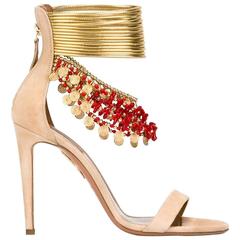 Aquazzura NEW & SOLD OUT Nude Suede Gold Embellished Sandals Heels in Box