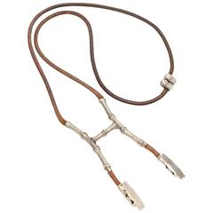 Hermes Bambou Halter Silver Tone H Clip Brown Leather String Necklace