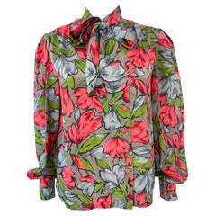 Silky Pussy Bow Blouse Top Red and Gray Flowers Size 8/10, 1980s