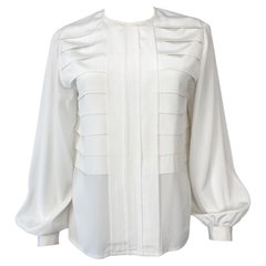 Silky Viscose White Blouse Top with Origami Pleat Size 10/12 circa 1970