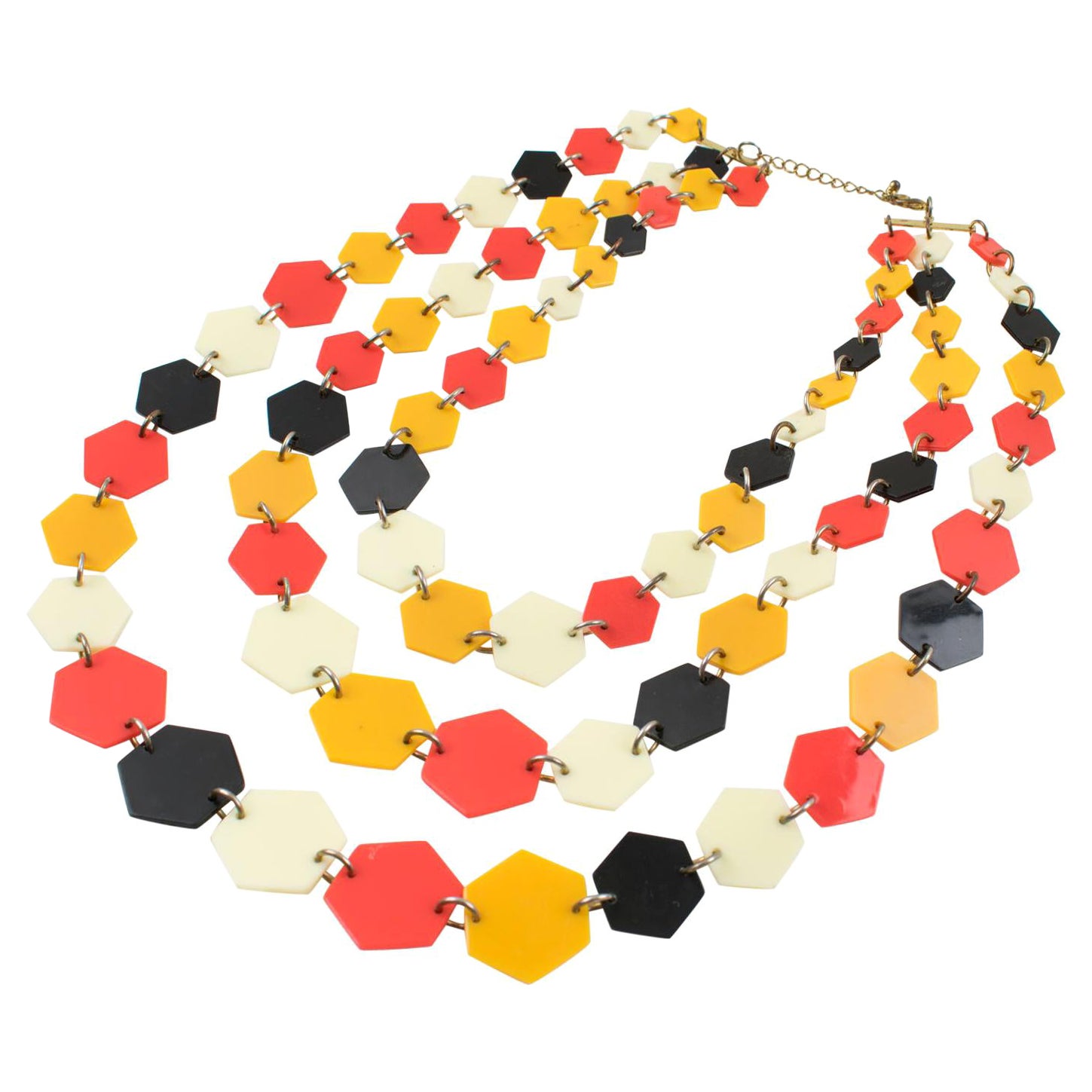 Collana geometrica a più fili in lucite arancione, nera e bianca in vendita