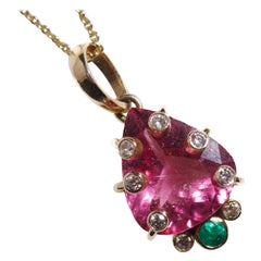Giant Emerald Diamond and Tourmaline 14K Gold Pendant Necklace