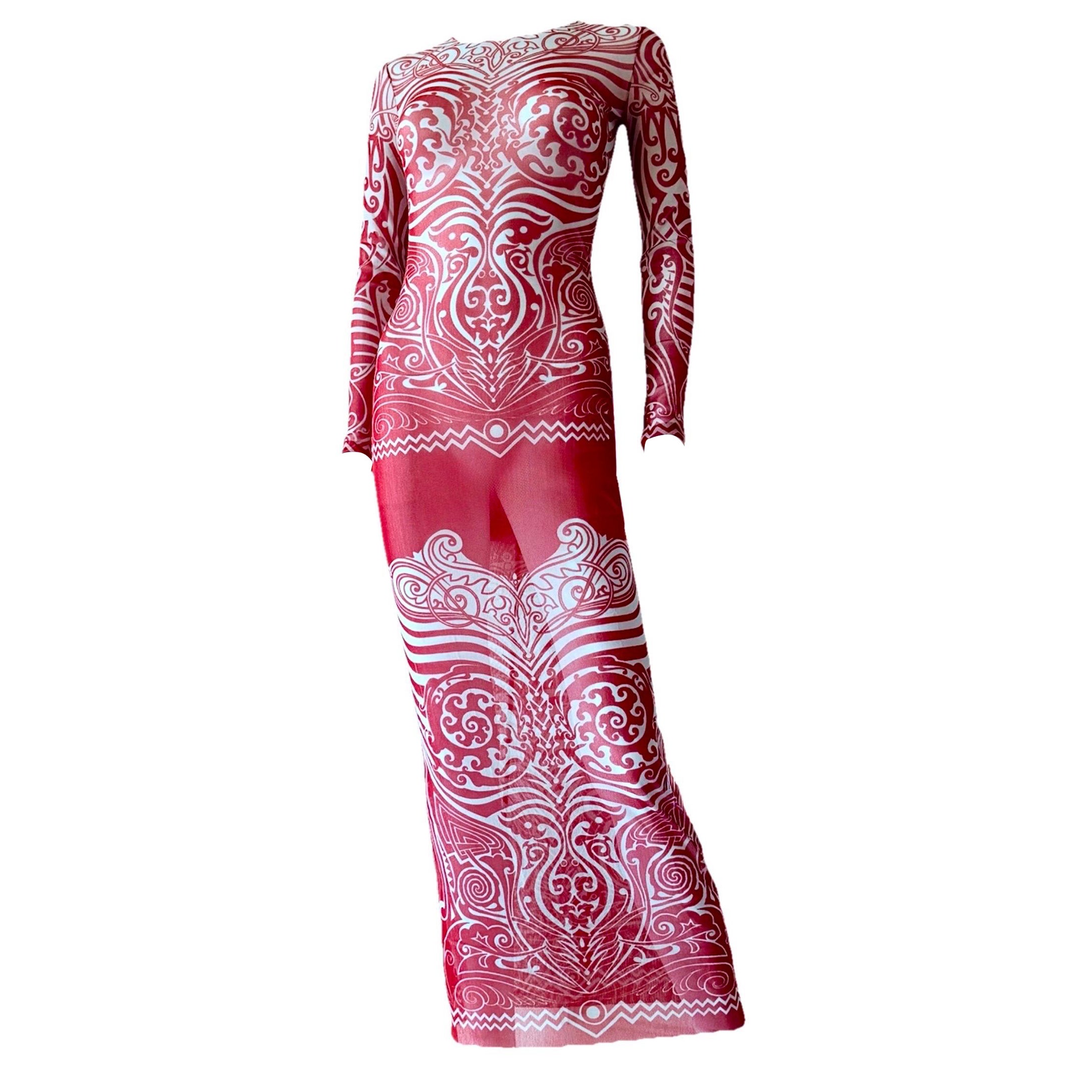 JEAN PAUL GAULTIER Vintage S/S 1996 Vestido de malla transparente con tatuaje tribal Cyberbaba en venta