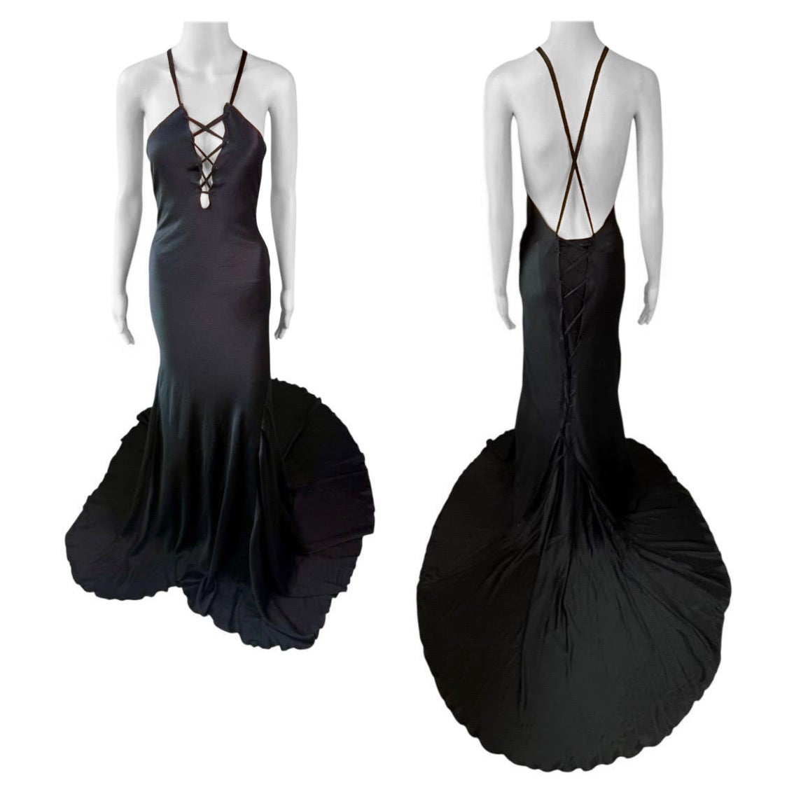 Tom Ford for Gucci F/W 2002 Runway Unworn Lace Up Train Black Silk Evening Dress (Robe de soirée en soie noire avec traîne) en vente