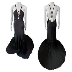Tom Ford for Gucci F/W 2002 Runway Unworn Lace Up Train Black Silk Evening Dress