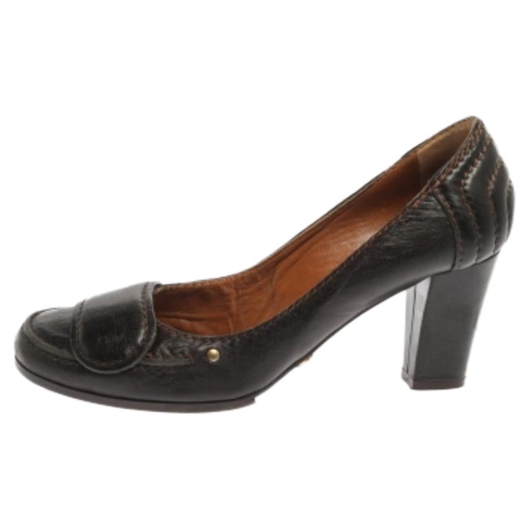 Chloe Brown Leather Round Toe Block Heel Pumps Size 37 For Sale