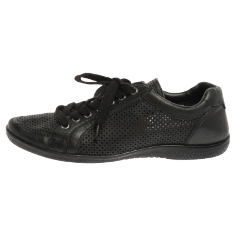 Prada Sports Black Perforated Leather Lace Up Low Top Sneakers Size 38 For Sale