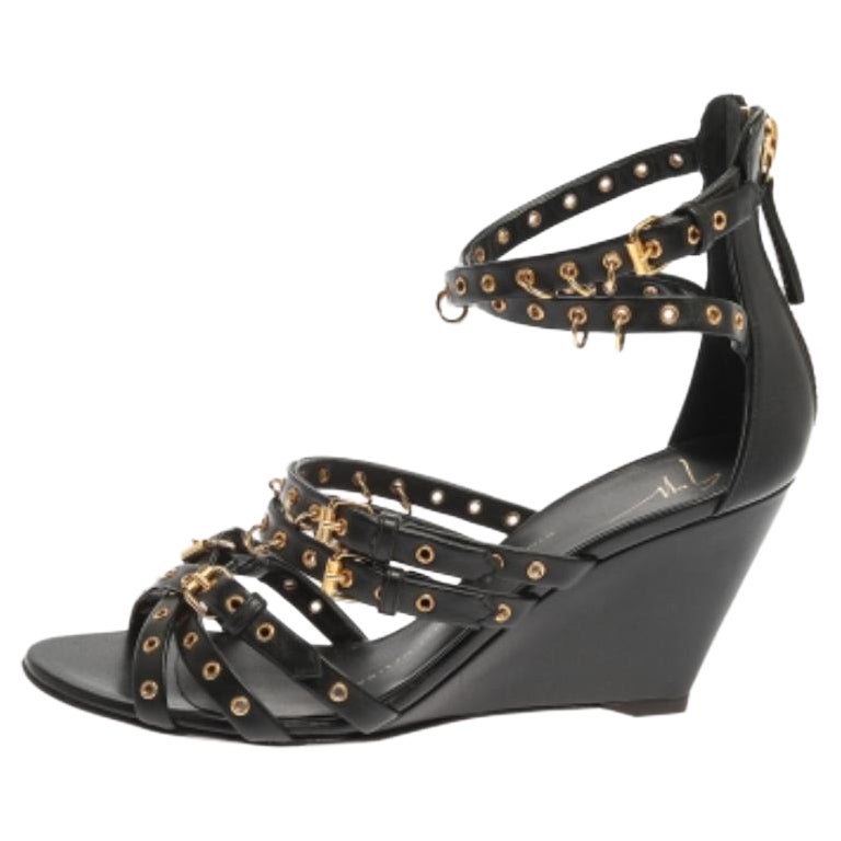 Giuseppe Zanotti Black Leather Eyelet Ankle Strap Wedge Sandals Size 36 For Sale