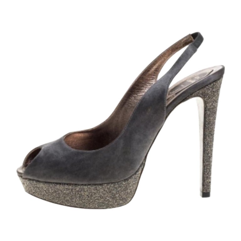 Rene Caovilla Grey Satin Peep Toe Slingback Platform Sandals Size 40.5 For Sale