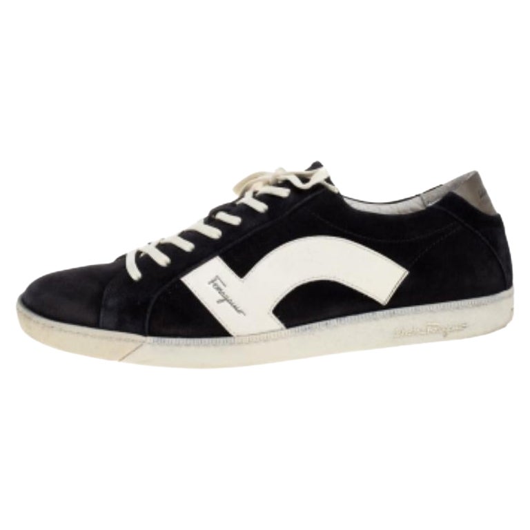 Salvatore Ferragamo Black/White Leather and Suede Low Top Sneakers Size 45 For Sale