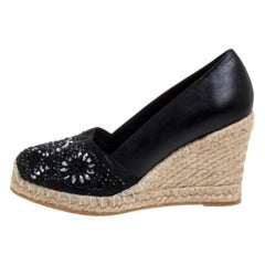 Le Silla Black Leather And Suede Embellished Wedge Espadrille Pumps Size 37