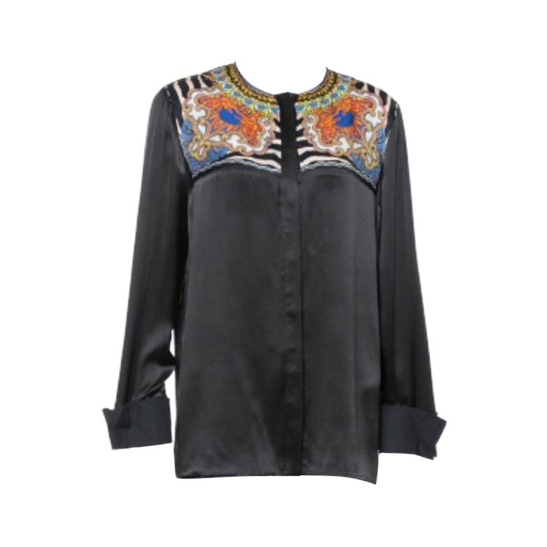 Just Cavalli Black Silk Printed Yoke Detail Long Sleeve Top M For Sale
