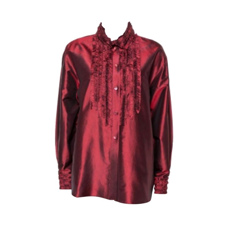 Kenzo Maroon Silk Ruffled Detail Long Sleeve Blouse M For Sale