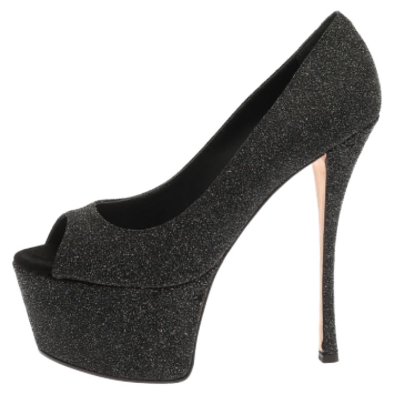 Giuseppe Zanotti Black Glittered Suede Open Toe Platform Pumps Size 39 For Sale
