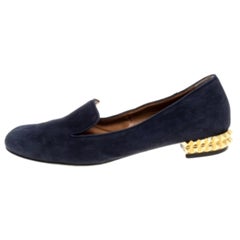 Fendi Navy Blue Suede Studded Heel Smoking Slippers Size 38
