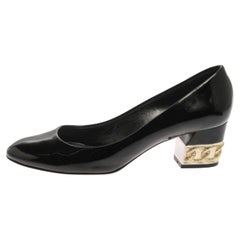 Casadei Black Patent Leather Chain Embellished Block Heel Pumps Size 37