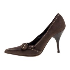 Prada Khaki Brown Stitch Nubuck Leather Knot Pointed Toe Pumps Size 36