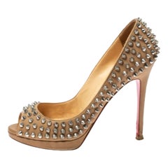 Christian Louboutin Beige Leather Yolanda Spikes Peep Toe Pumps Size 36.5