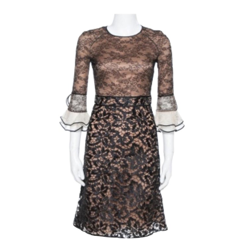 Valentino Black Lace Overlay Flute Sleeve Midi Dress S For Sale