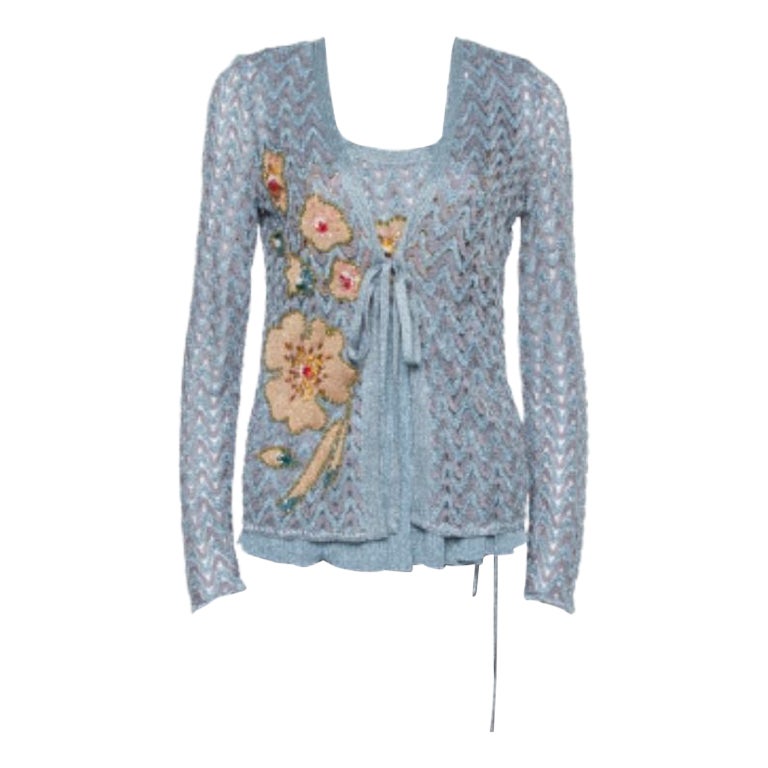 Missoni Grey Lurex Knit Crystal Embellished Top and Cardigan Set L For Sale