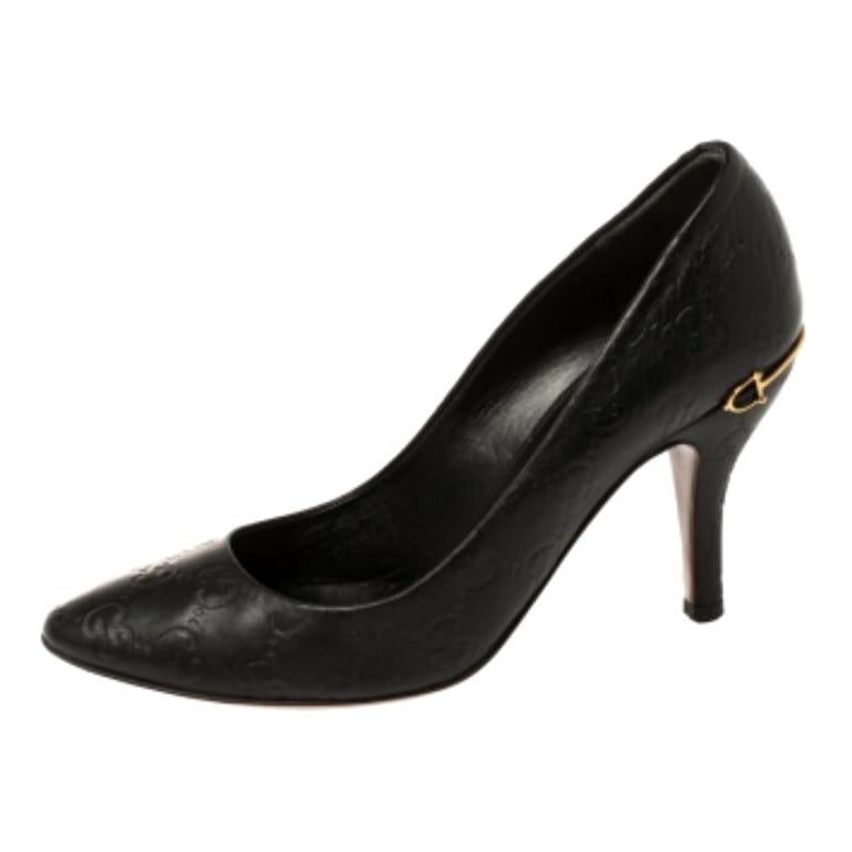 Gucci Black Guccissima Leather Adina Horsebit Pointed Toe Pumps Size 36 For Sale