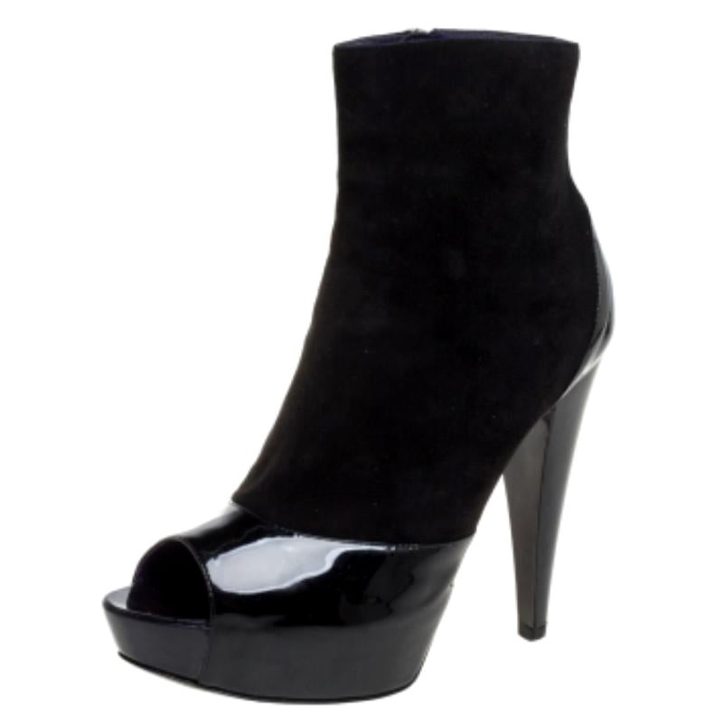 Sergio Rossi Black Suede And Patent Leather Peep Toe Platform Booties Size 39.5 For Sale