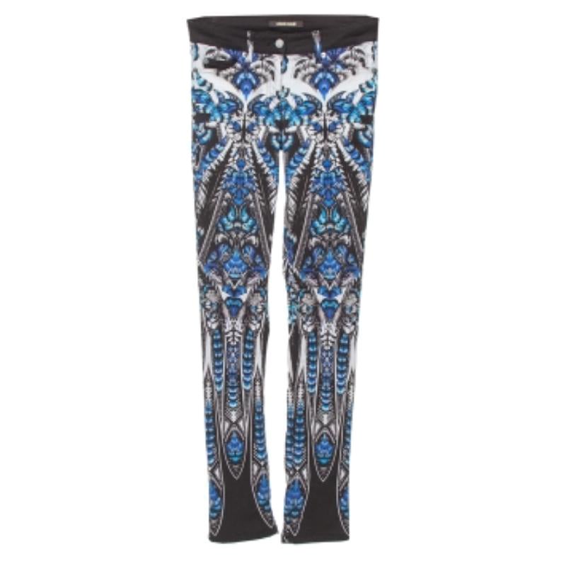 Roberto Cavalli Blue Cotton Printed Flared Bottom Jeans S For Sale
