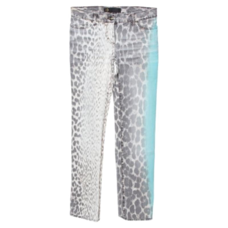 Just Cavalli Brown/Green Animal Print Light Wash Flared Bottom Jeans S For Sale