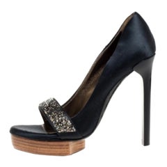 Lanvin Dark Green Satin Crystal Embellished Open Toe Platform Pumps Size 36