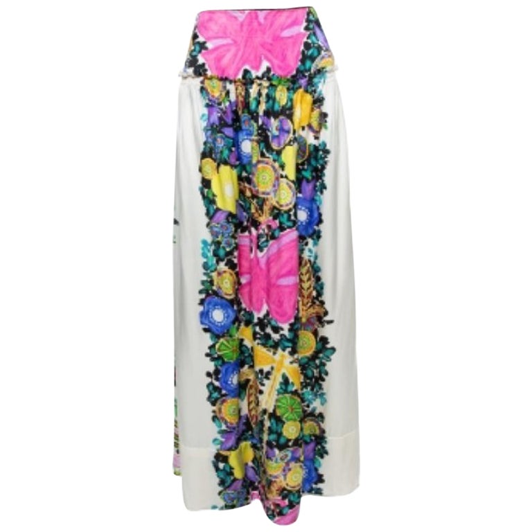 Roberto Cavalli Cream Flora & Fauna Print Satin Silk Maxi Skirt L For Sale