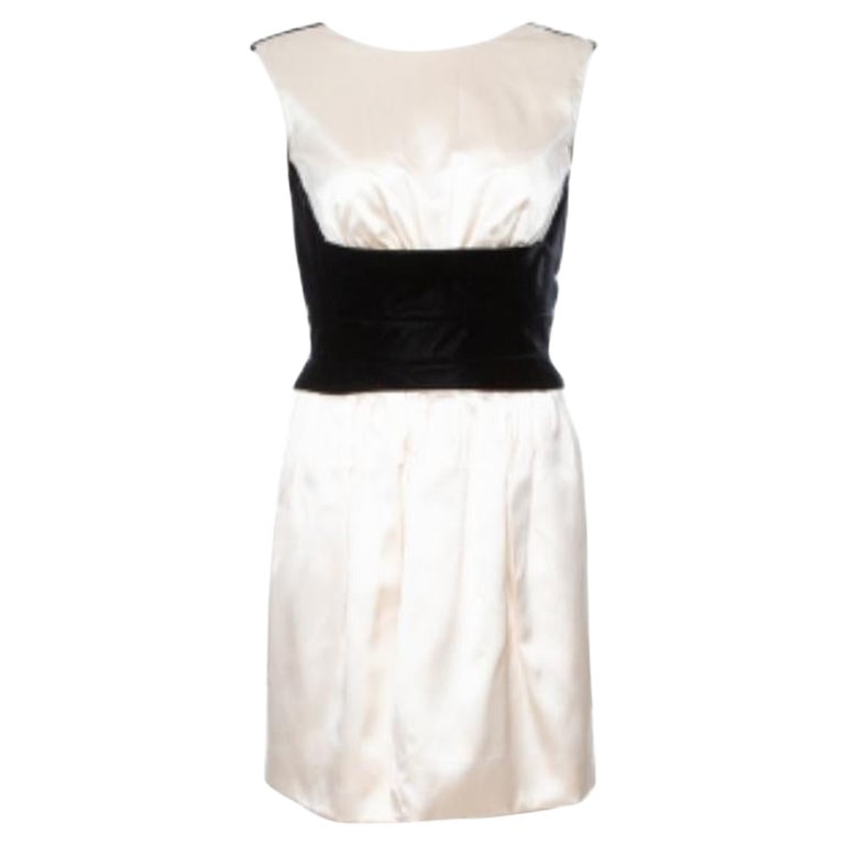 Yves Saint Laurent Cream Silk Velvet Trim Sleeveless Dress S For Sale
