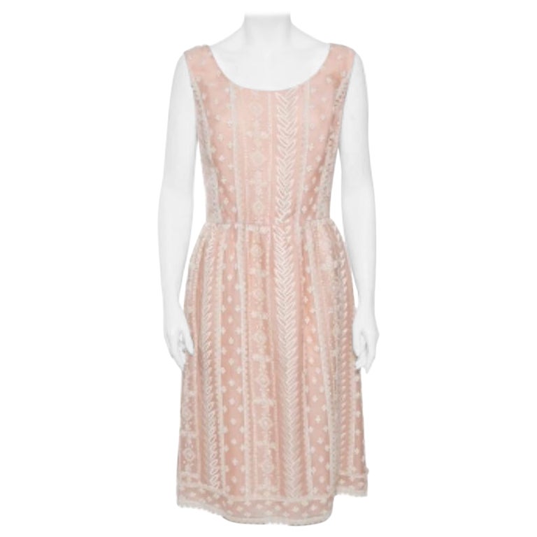 Oscar de la Renta Pale Pink Organza Silk Embroidered Sleeveless Dress XL For Sale