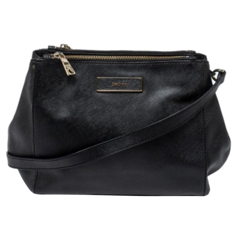 Dkny Black Leather Double Zip Shoulder Bag en vente
