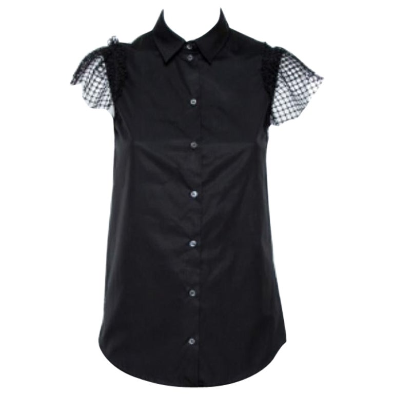 N21 Black Cotton Grid Lace Paneled Feather Trim Shirt XS For Sale