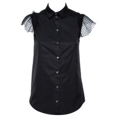 N21 Black Cotton Grid Lace Paneled Feather Trim Shirt XS