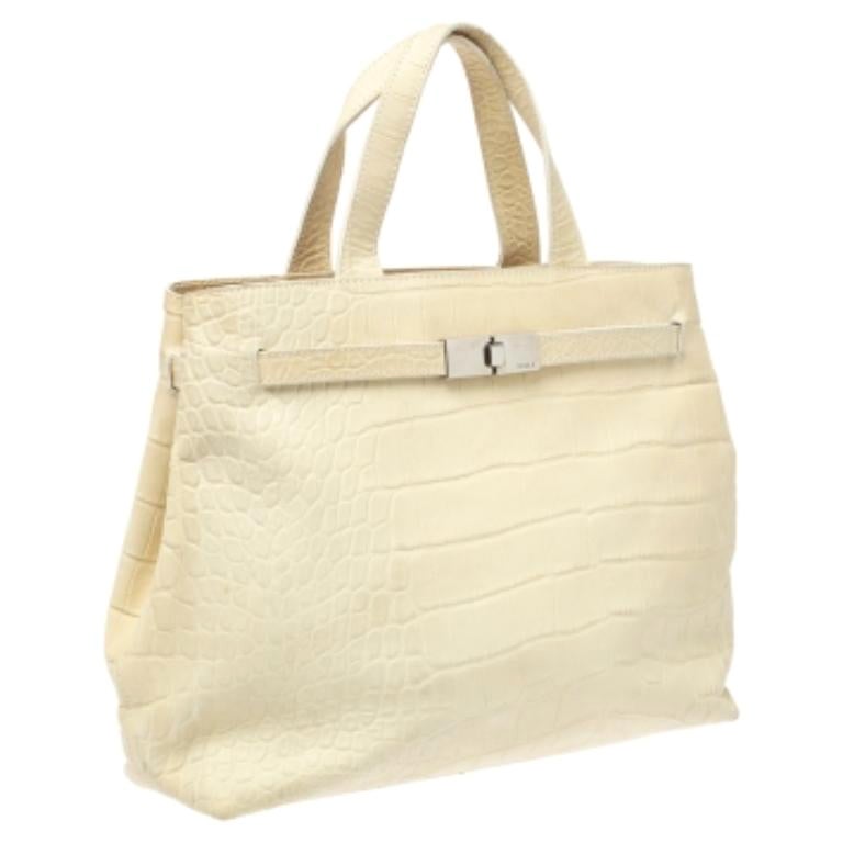 Furla Light Cream Croc Embossed Leather Presslock Tote For Sale
