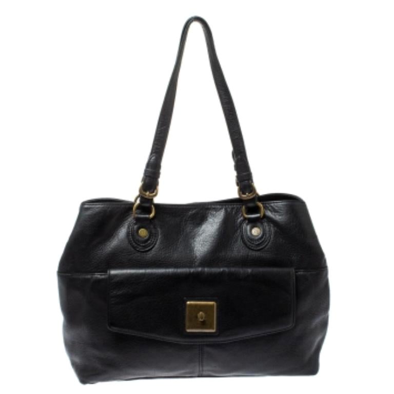 Dkny Black Leather Turnlock Pocket Tote For Sale