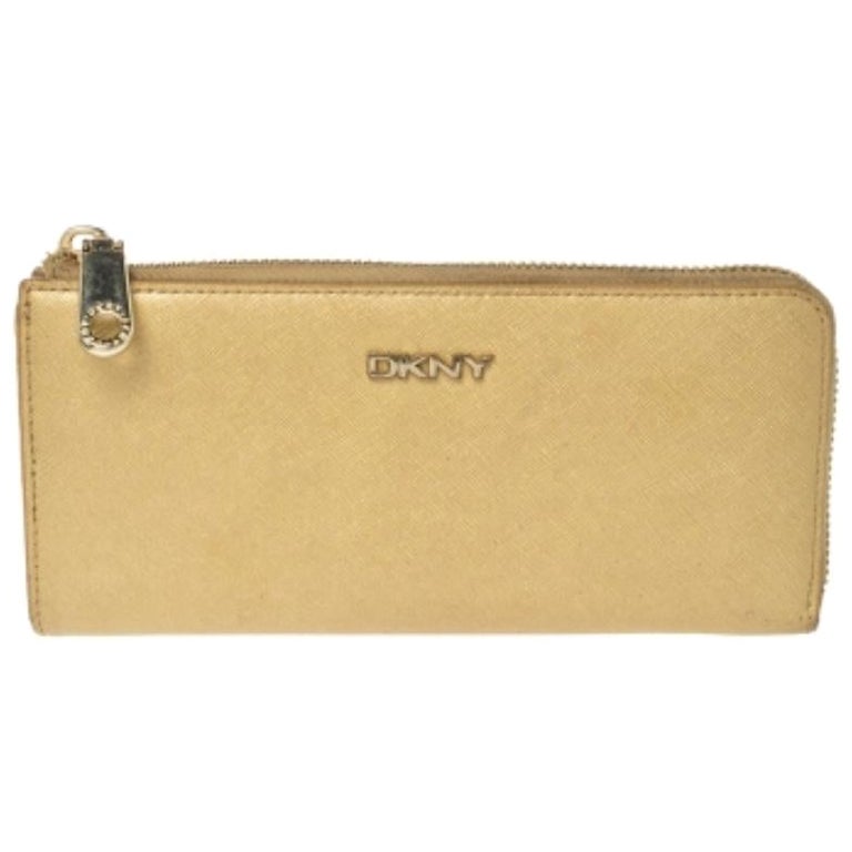 Dkny Metallic Beige Leather Zip Around Wallet