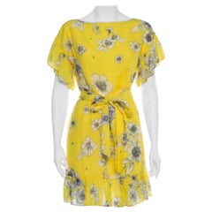 Alice + Olivia Yellow Floral Print Chiffon Ruffled Ellamae Dress XS