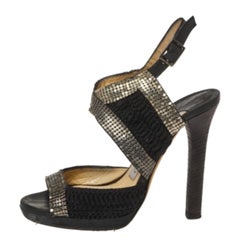 Jimmy Choo Black Chainmail and Fabric Peep Toe Slingback Sandals Size 36