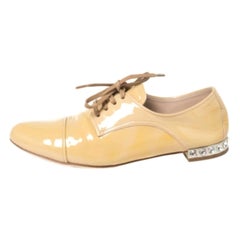 Miu Miu Beige Patent Leather Crystal Embellished Heel Lace Derby Size 36