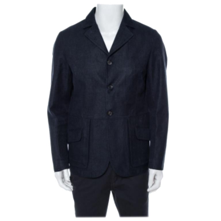 Giorgio Armani Navy Blue Linen & Wool Three Buttoned Jacket XL For Sale