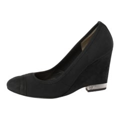 Tory Burch Black Suede Leather Cap Toe Wedge Heel Pumps Size 36.5