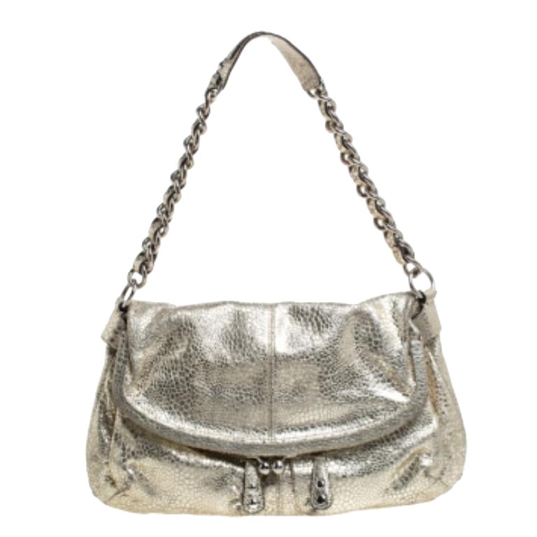 Coach Gold Textured Leather Frame Fold Over Hobo For Sale